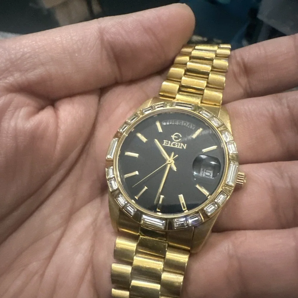 Elgin FG147 Calendar Gold Tone Unisex Watch Quartz 36mm Day Date New Battery